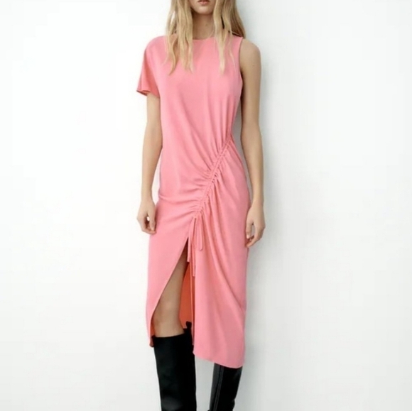 ZARA Pink Draped Asymmetric Dress Medium Summer Dress Casual Ecclectic - Picture 1 of 8